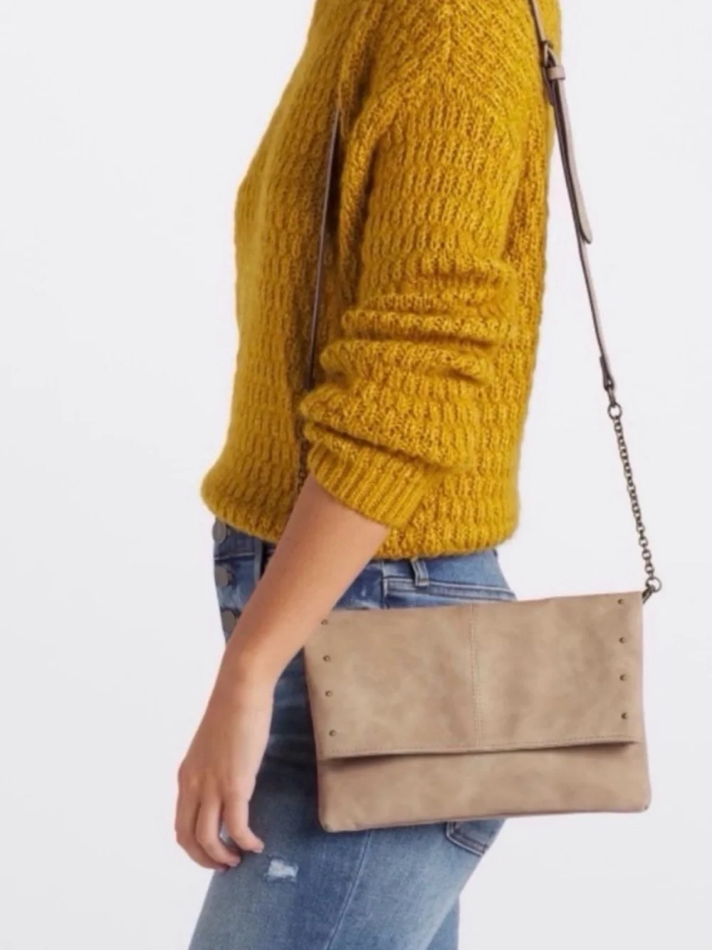 Soft Taupe Fold-Over Crossbody Clutch - Neutral